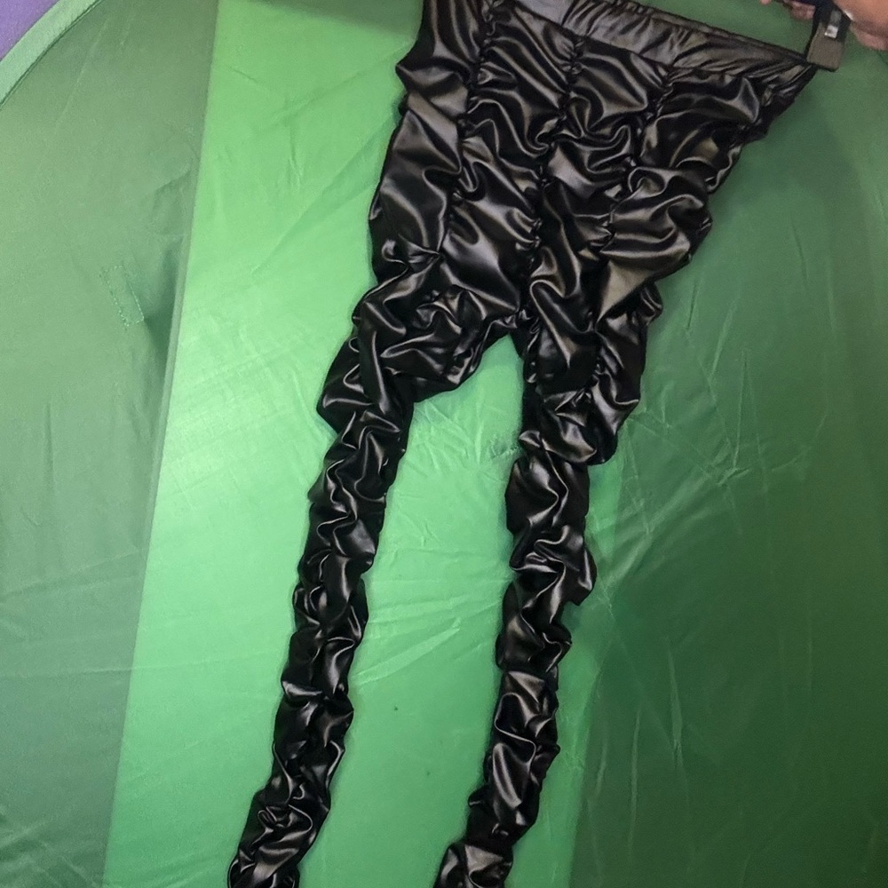 Black Ruched Leather Womens Leggings